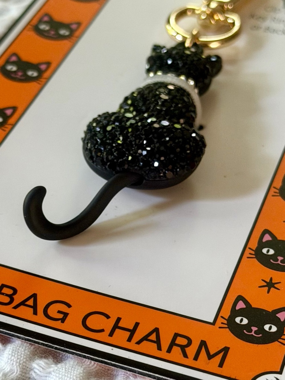 Halloween Black Cat Glass Crystal Bag Charm Purse Backpack Key Ring Moving Tail - Picture 5 of 7